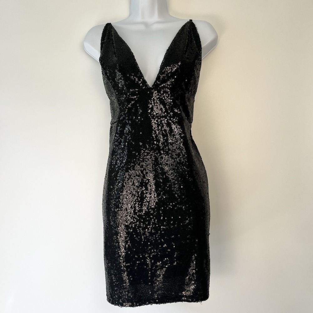 Vintage Y2K Shirley of Hollywood Black Sequin Mini Dress Witchy Goth XL